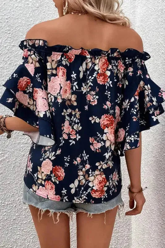 Blue Ruffle Off Shoulder Flounce Sleeve Floral Blouse-1