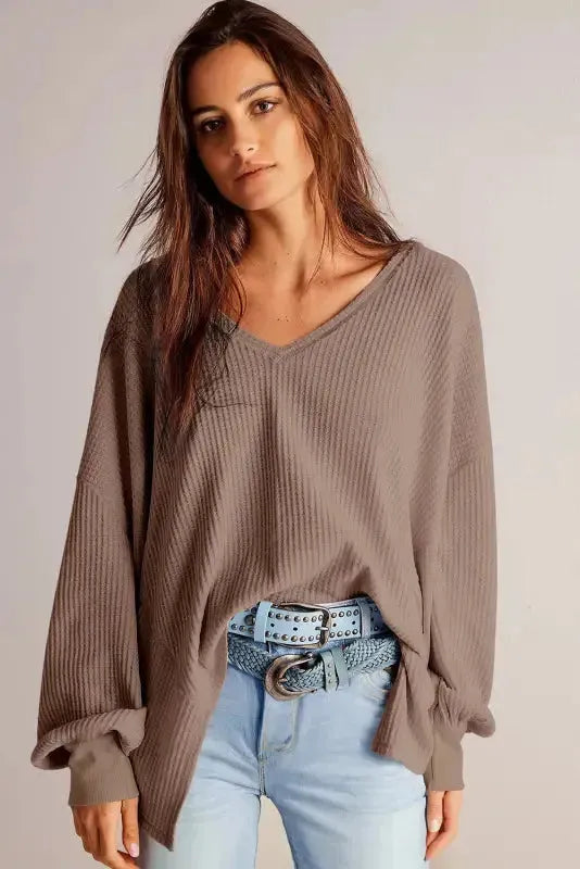 Modern Slouch Waffle Knit Blouse - Coffee-2