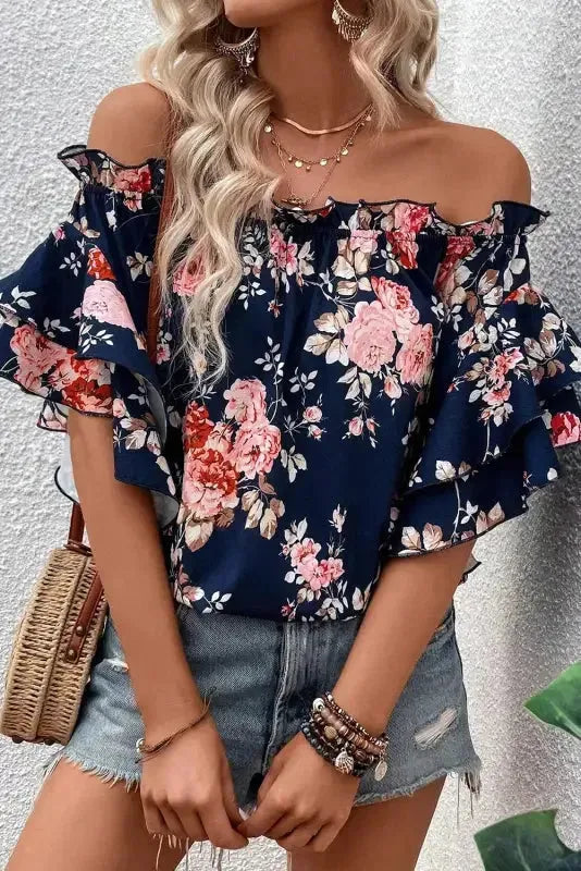 Blue Ruffle Off Shoulder Flounce Sleeve Floral Blouse-0