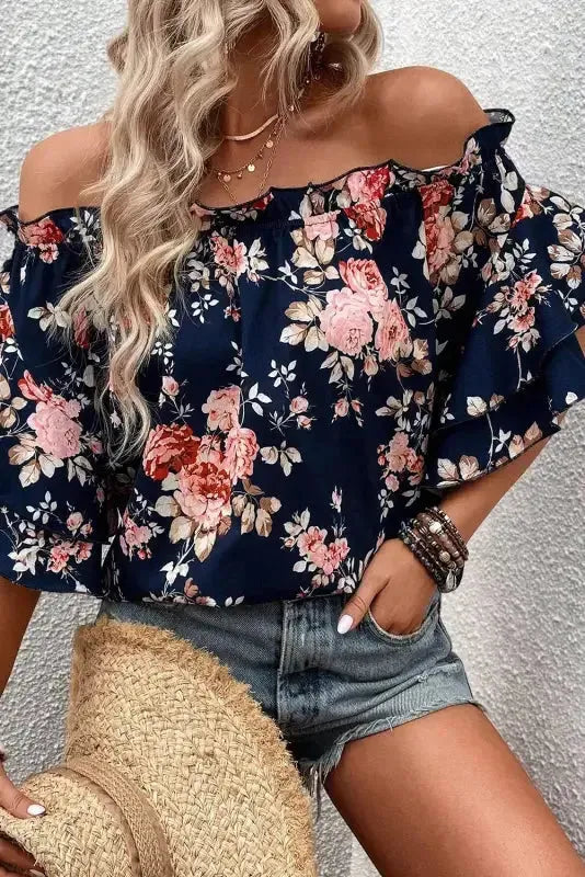 Blue Ruffle Off Shoulder Flounce Sleeve Floral Blouse-3