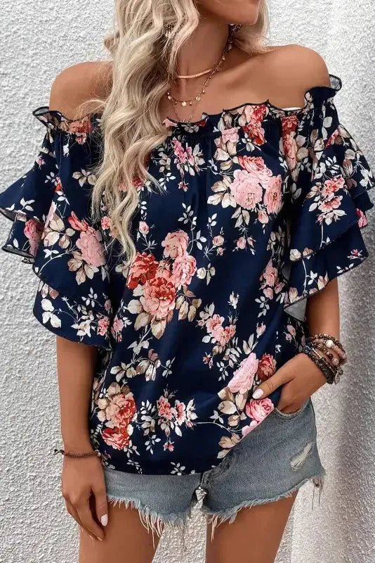 Blue Ruffle Off Shoulder Flounce Sleeve Floral Blouse-4