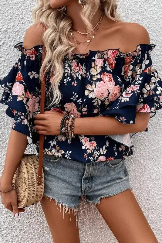 Blue Ruffle Off Shoulder Flounce Sleeve Floral Blouse-2