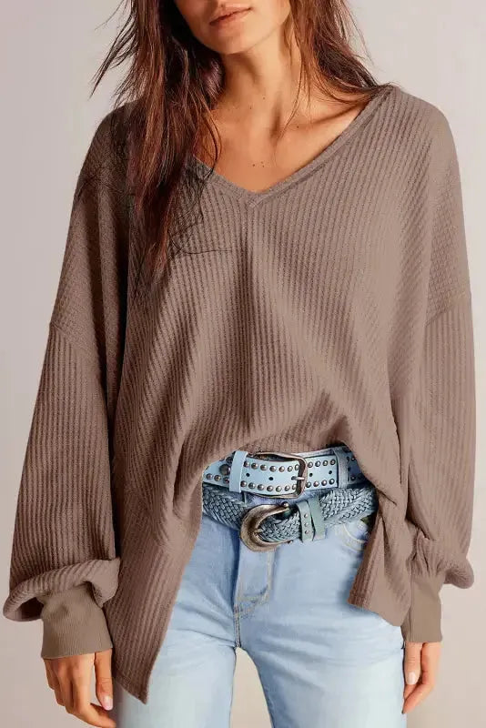 Modern Slouch Waffle Knit Blouse - Coffee-0