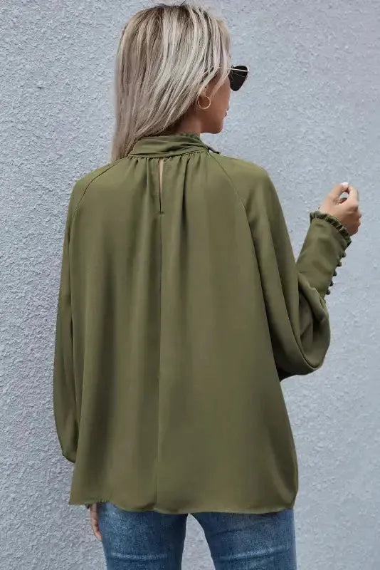 Knotted Mock Neck Bishop Sleeve Blouse-1