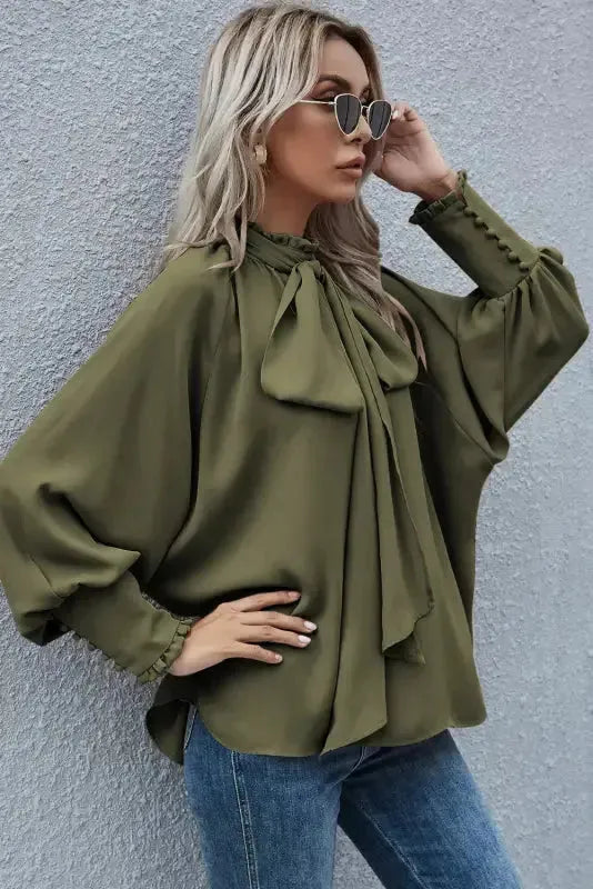 Knotted Mock Neck Bishop Sleeve Blouse-2