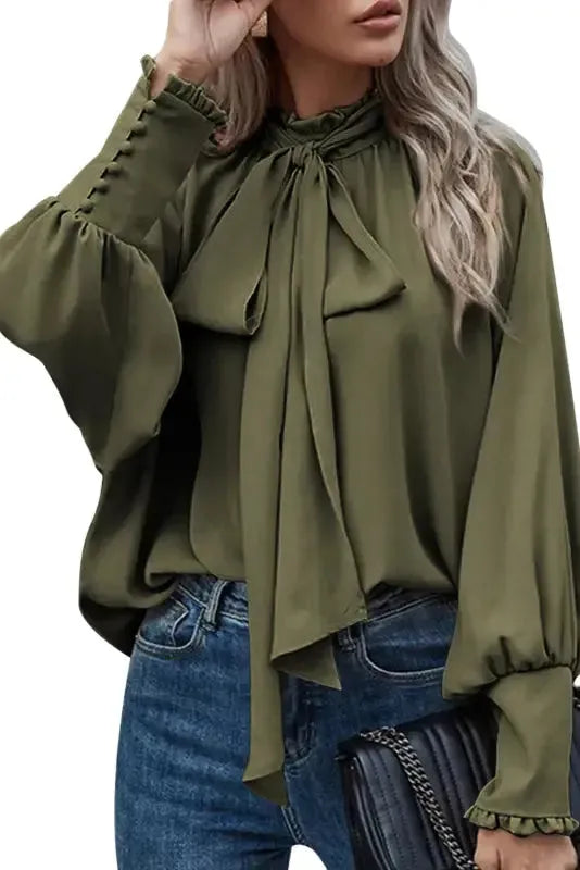 Knotted Mock Neck Bishop Sleeve Blouse-3