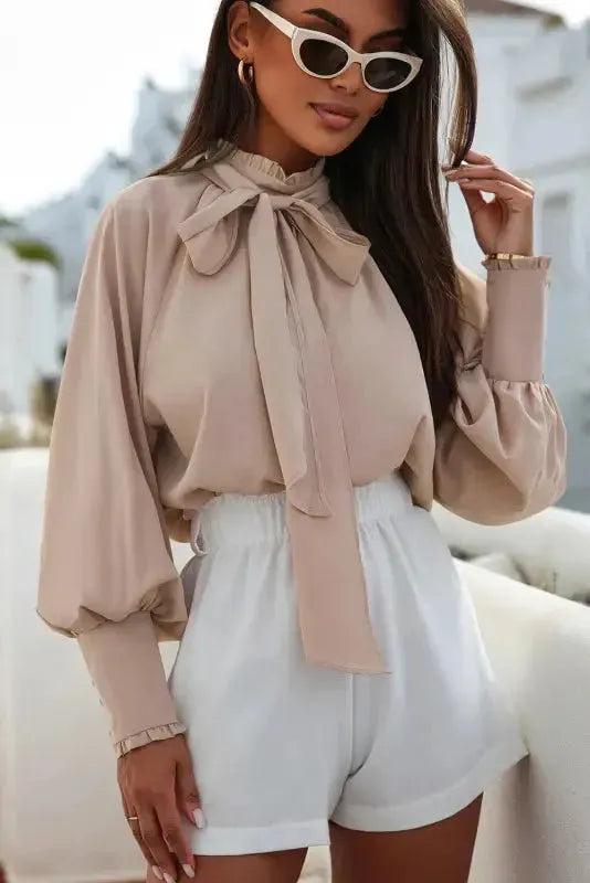 Knotted Mock Neck Bishop Sleeve Blouse-4