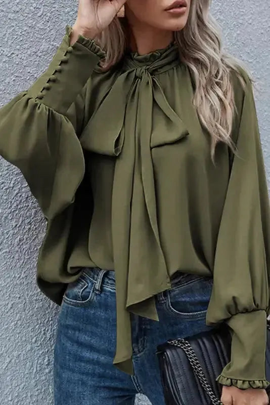 Knotted Mock Neck Bishop Sleeve Blouse-0