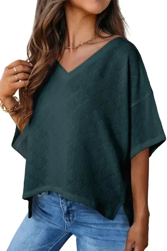 White V-Neck Knitted Flowy Blouse-3