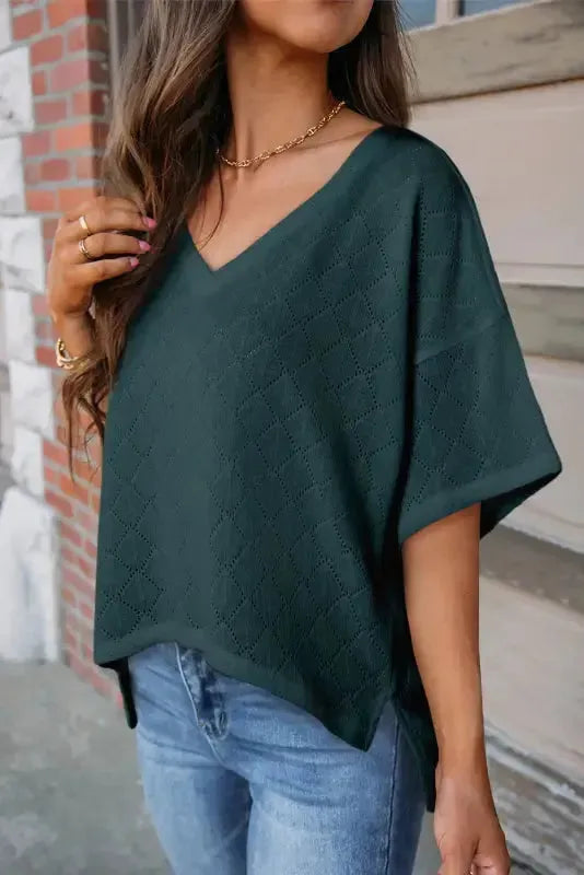 White V-Neck Knitted Flowy Blouse-2