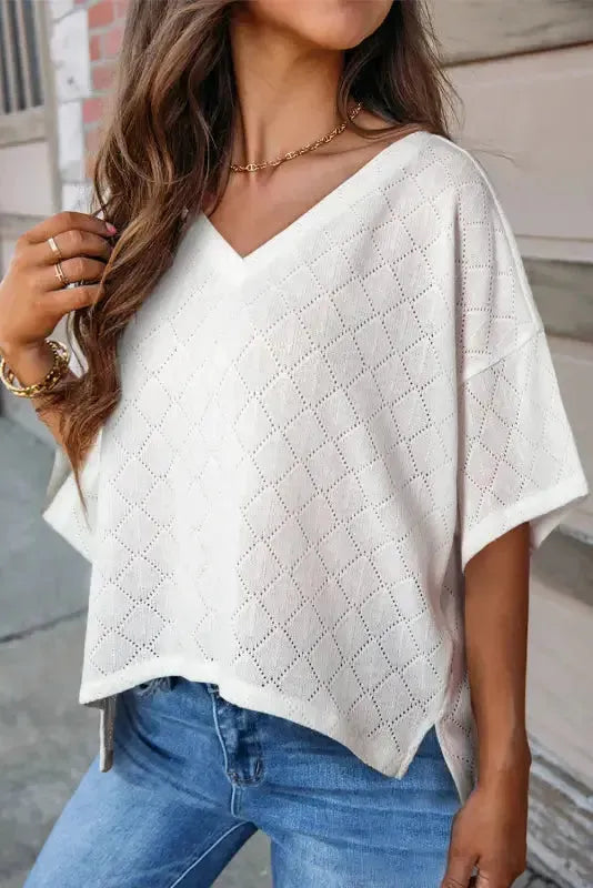 White V-Neck Knitted Flowy Blouse-5