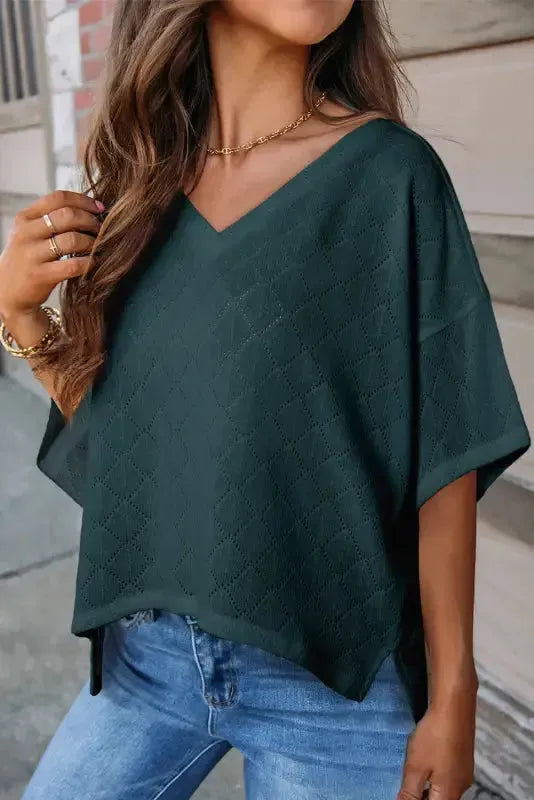 White V-Neck Knitted Flowy Blouse-0